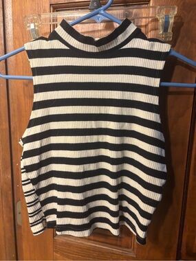 Topshop Black and White Striped Sleeveless Mock Neck Tank